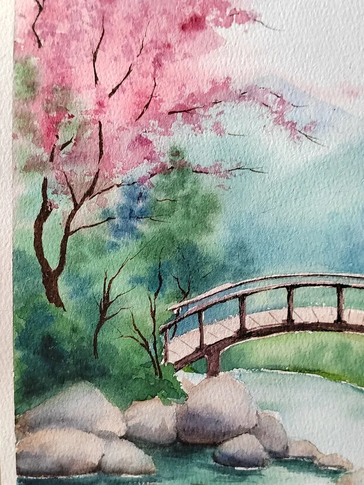Japan Landscape Art Cherry blossoms Artwork Bridge River Picture Original Watercolor Painting 10.62x15.35 in by SoftWaves