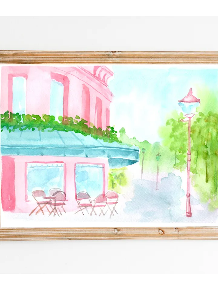 Pink Blue French Street Painting, French Watercolor, Pastel Pink Wall Art, Pink House Painting, Cityscape Watercolor, Gift For Her, Pink Art