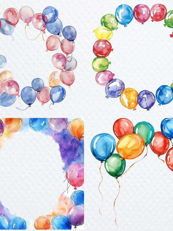 20 Birthday frame PNG Bundle, Balloons Printable Watercolor clipart for sublimation, Birthday card, Digital download, Paper crafts