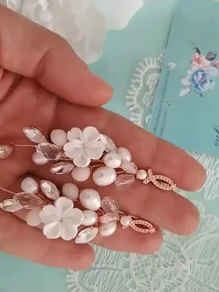 Rose Gold Delicate Porcelain Flowers Boho Wedding Earrings, Freshwater Pearl Chandelier Bridal Earrings, Diamond Statement Wedding Jewelry