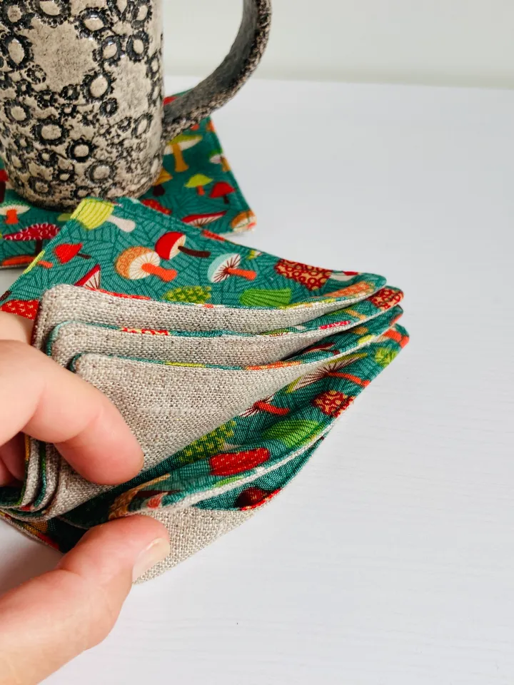 Coasters with Mushrooms Set of 6 Linen-cotton coasters 4.5'' x 4.5''