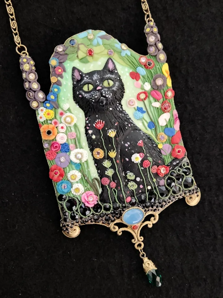Necklace "Garden cat", cat pendant, necklace with stones, unusual necklace