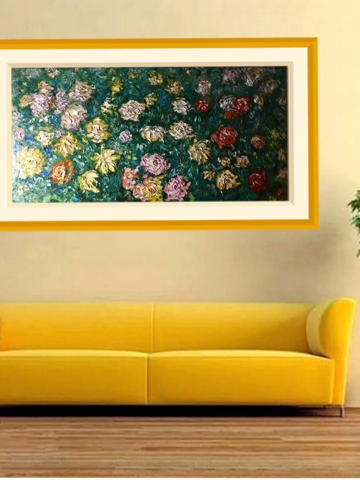 Large original oil painting,Monet inspired,bed of chrysanthemums wall art,impasto flowers painting.