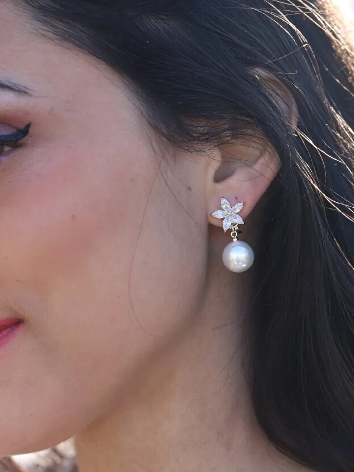 Swarovski Crystal Flower Clip-on Wedding Earrings | Gold Floral Bridal Earrings | Pearl Wedding Jewelry, Floral Bridal Jewelry, Gift For Her