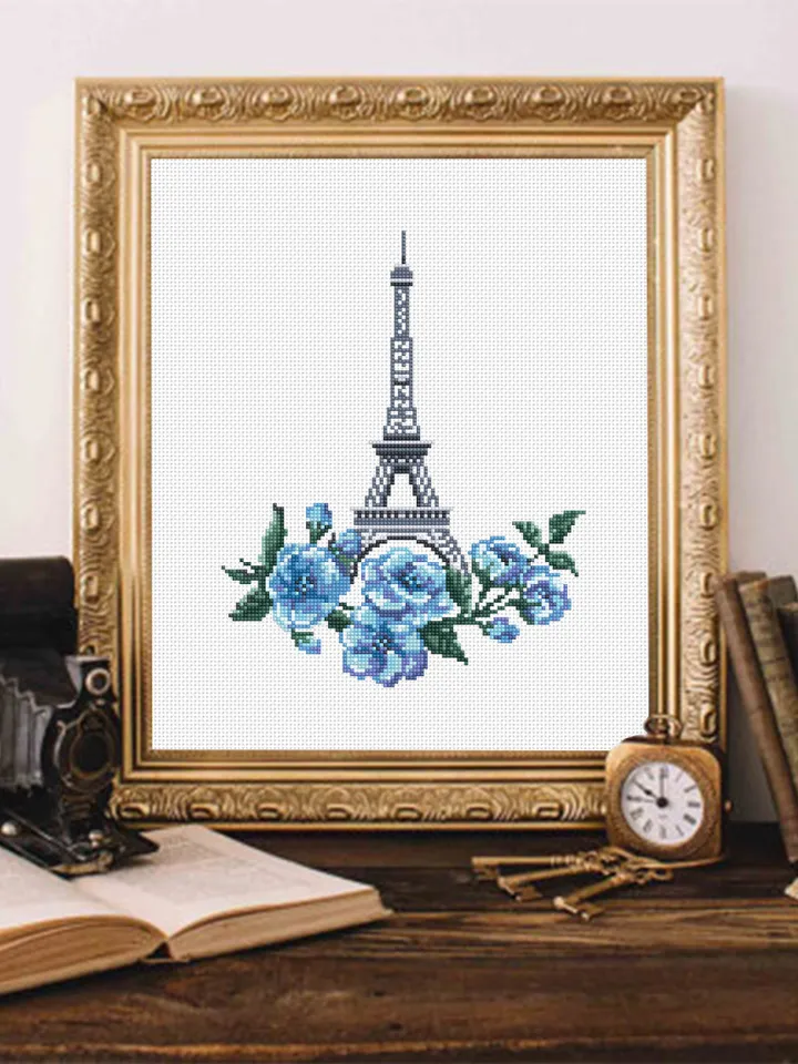 Spring cross stitch pattern PDF download Eiffel Tower beginner stitch Sakura flowers cross stitch Modern France embroidery Paris decor #E1