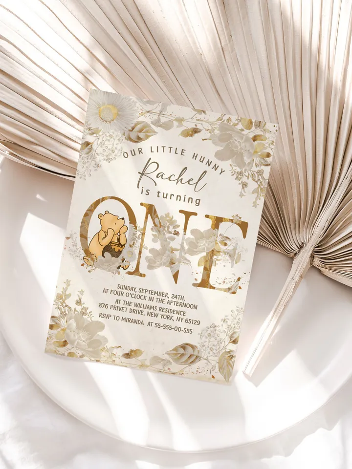 Winnie the Pooh Inspired First Birthday; Classic Winnie Pooh Invitations; Neutral Winnie Pooh Turning One; Winnie Pooh Birthday Party Wg4