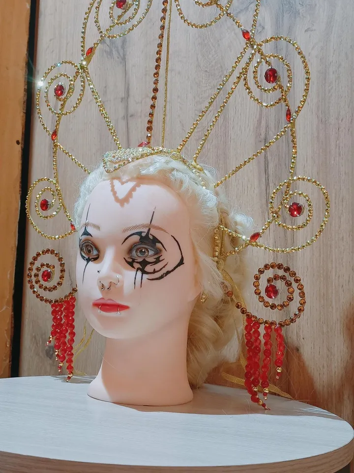 Golden Crystal Head,carnival crown,festival headdress,burlesque crown,golden headdress for girls from show, headdress for girls from cabaret