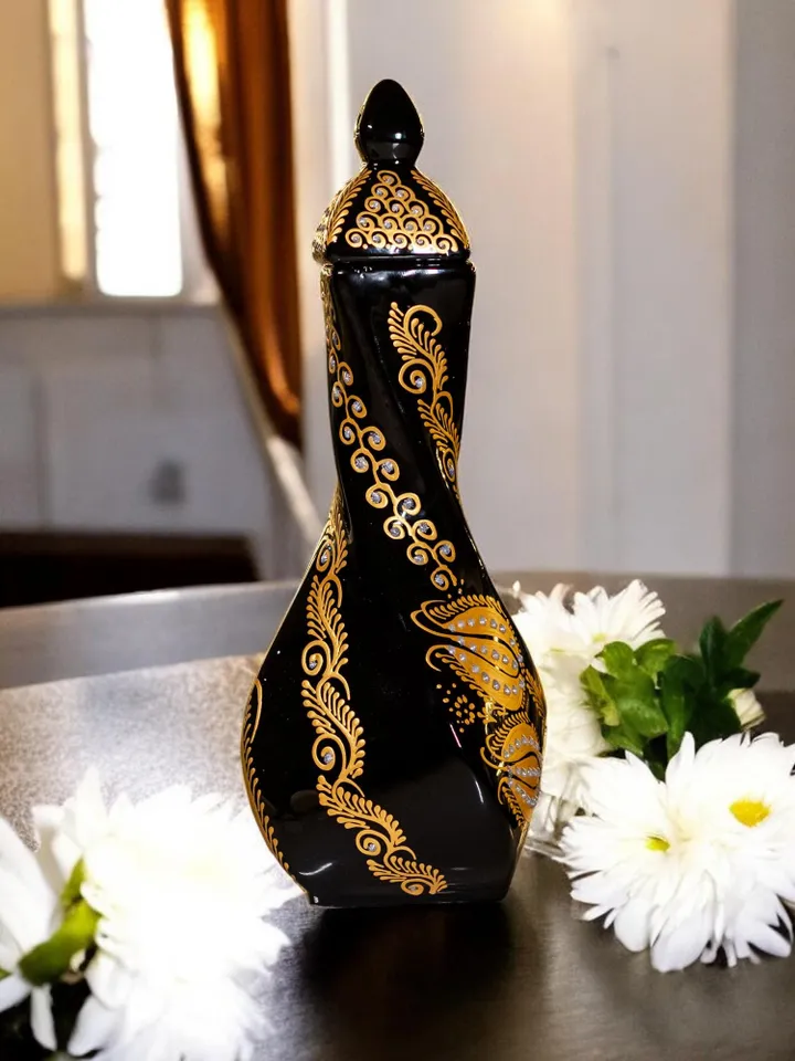 Handpainted Black and Gold Tall Vase For Flowers, 30 cm Handpainted Ceramic Vase, Home Decor, Ceramic Home Decor Plant Holder