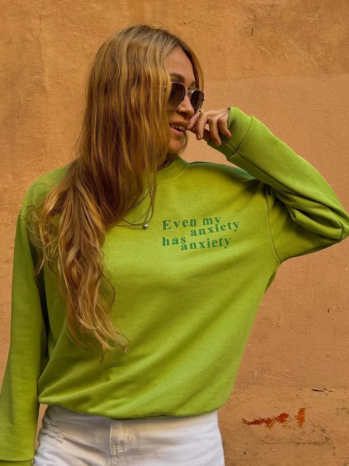 Bright Green Designer Sweatshirt with anxiety print| Funny Sweater | Longsleeve with print | Casual Sweater | Loungewear Sport Wear