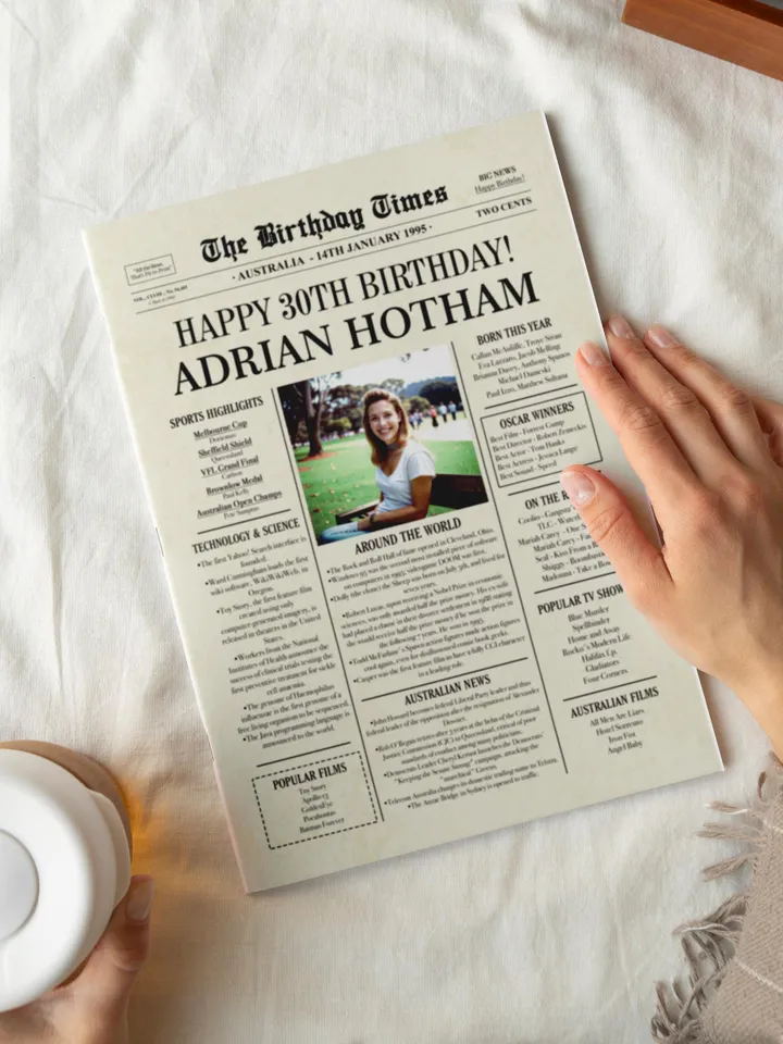 30th Birthday Newspaper poster gift with Australian facts, 1995 Personalized Printable, 30th Birthday Decoration Back in 1995, Digital
