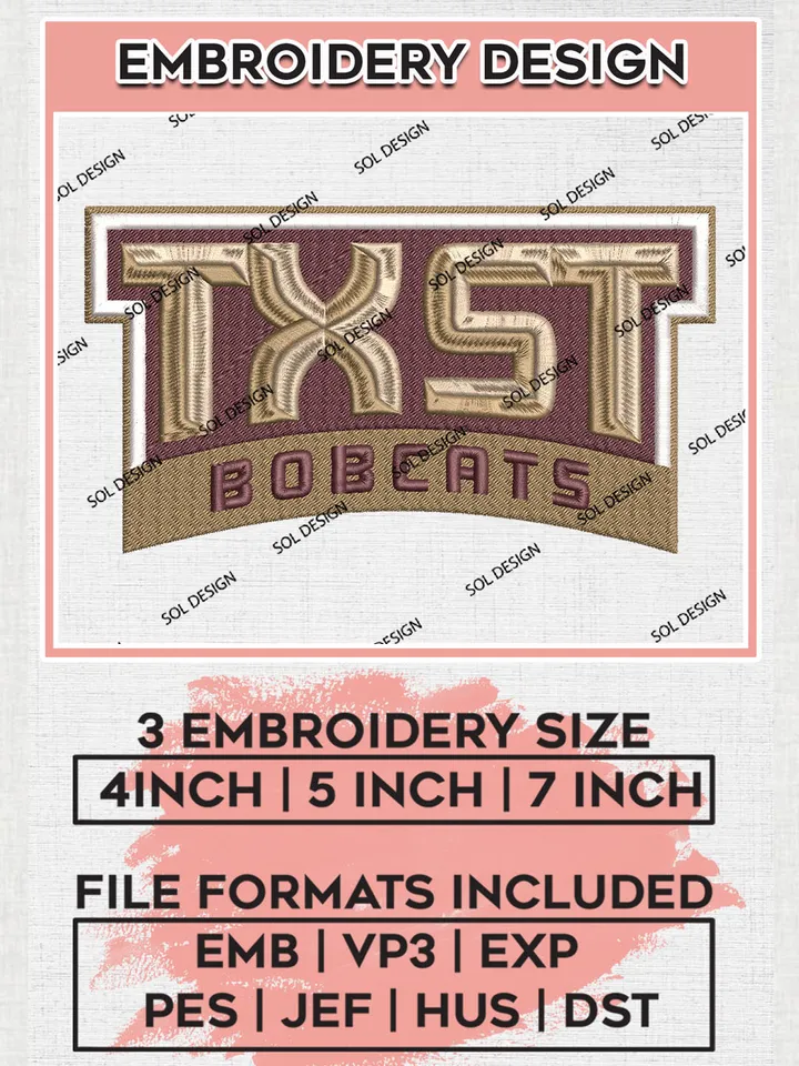 NCAA TXST Bobcats Team Logo Embroidery Design Files, NCAA Texas State Bobcats Machine Embroidery, NCAA Teams, Game Day, 3 sizes, NCAA Machine embroidery designs, Digital Download