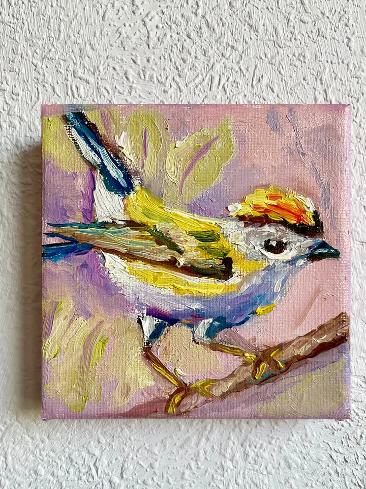 Chickadee Painting, Bird Art Original oil Painting on Canvas, Wildlife Wall Art, Miniature Artwork 4"x 4"