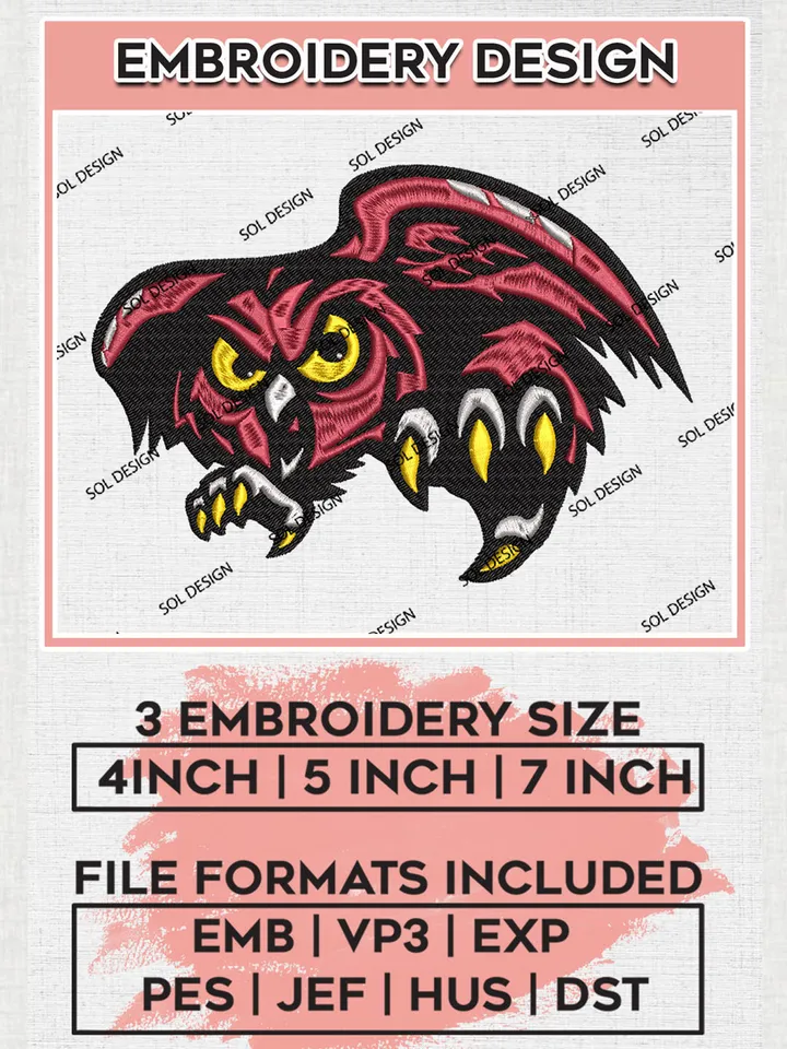 NCAA Temple Owls Team Funny Mascot Logo Embroidery Design Files, NCAA Temple Owls Machine Embroidery, NCAA Teams, 3 sizes, NCAA Machine embroidery designs, Digital Download