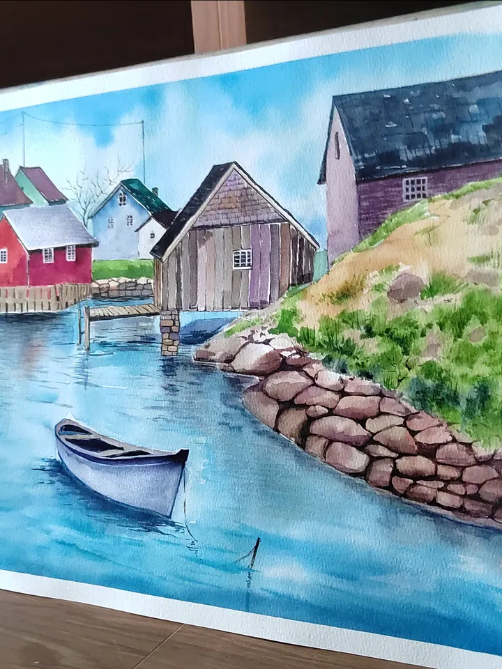 Norwegian Village Painting Original Watercolor Art Scandinavian Landscape 11.8x15.7 in by Art Café