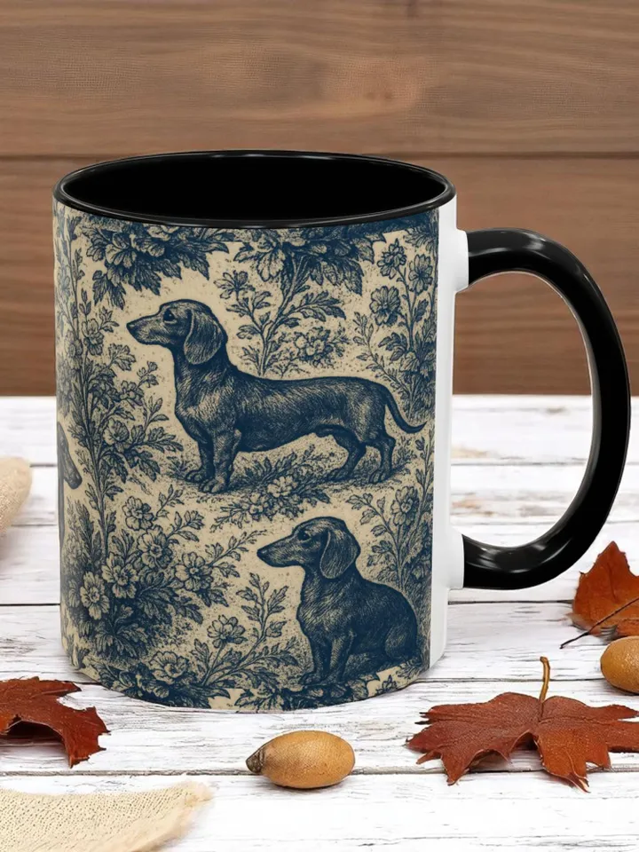 Dachshund French Toile de Jouy Ceramic Mug, Toile Coffee Cup for Doxie Mom, Sausage Dog Lover Gifts, Dog Tea Drinkware, Gift For Dog Lovers