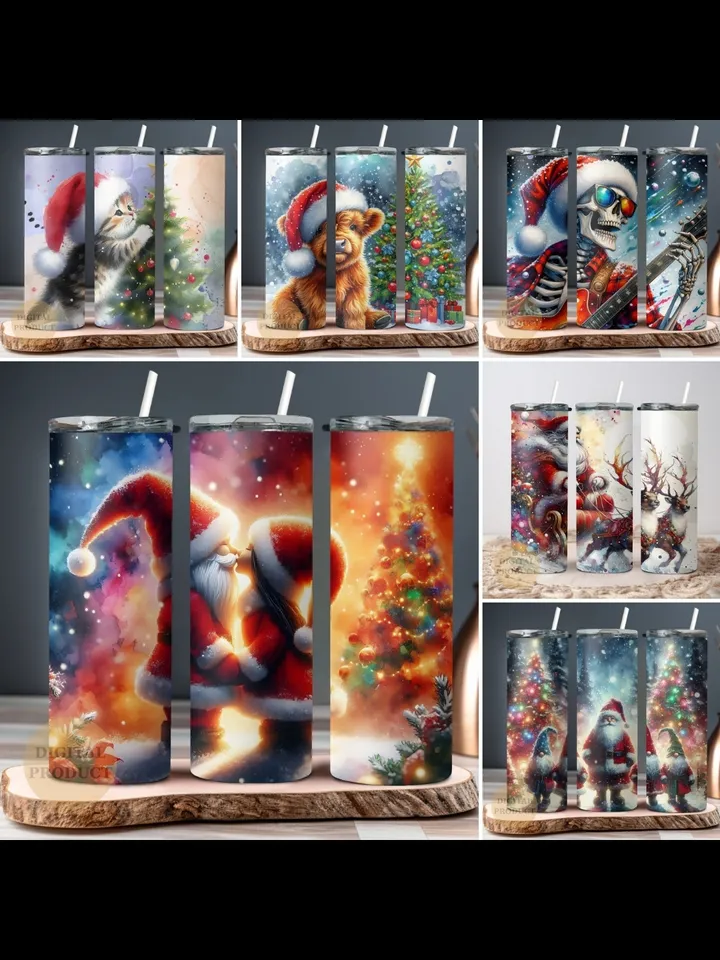 10 Christmas 20 Oz Tumbler Wrap png Bundle, Christmas Sublimation Designs for Tumblers, Santa with Sleigh, Christmas Gnomes with Santa Cat