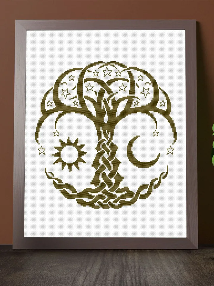 Celtic Tree of life cross stitch pattern PDF Monochrome mandala cross stitch chart, Tree embroidery Instant download PDF, Sun and moon #M189