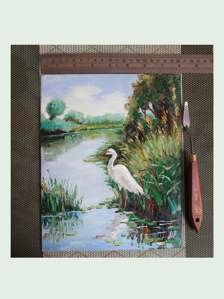 Heron on a Tranquil Riverbank - Impressionist Palette Knife Oil Painting Bird Standing by the Water in Lush Greenery Original Artwork