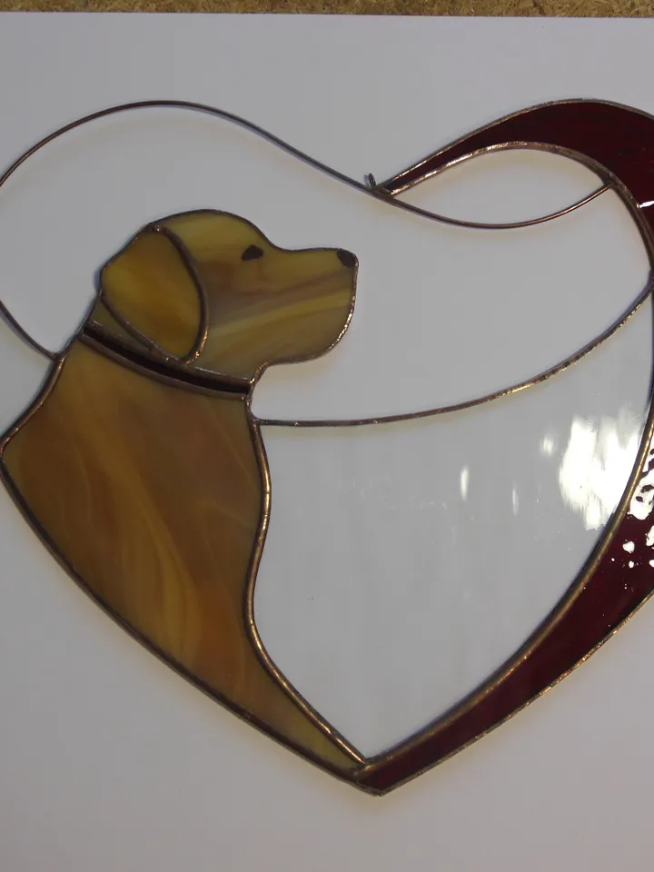 Dog Golden Retriever Labrador in Red Heart . Art Stained glass window hanging Suncatcher , Gift for animal lover , pet loss memorial