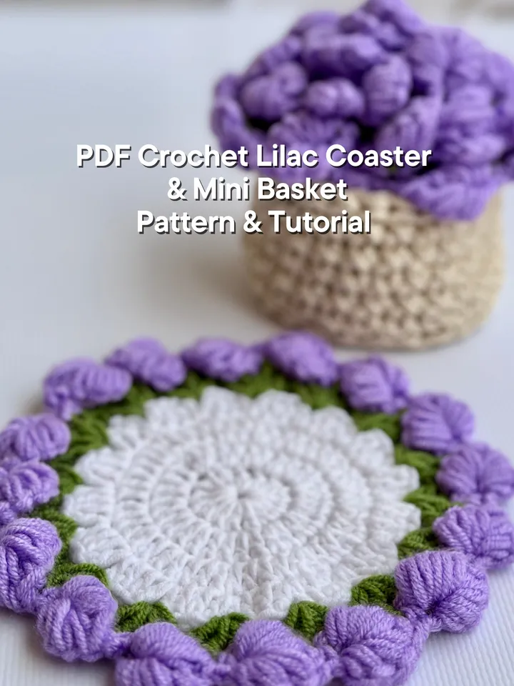 CROCHET LILAC Coaster pattern - Heart Flower Pot Coaster Set Crochet Pattern Flower Bouquet Plant Coasters Instant Digital Download PDF