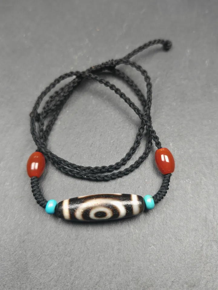 Gandhanra Antique Tibetan Dzi Bead Necklace,2 Eyes Heaven & Earth Dzi Amulet,36 x 11mm,40 Years Old