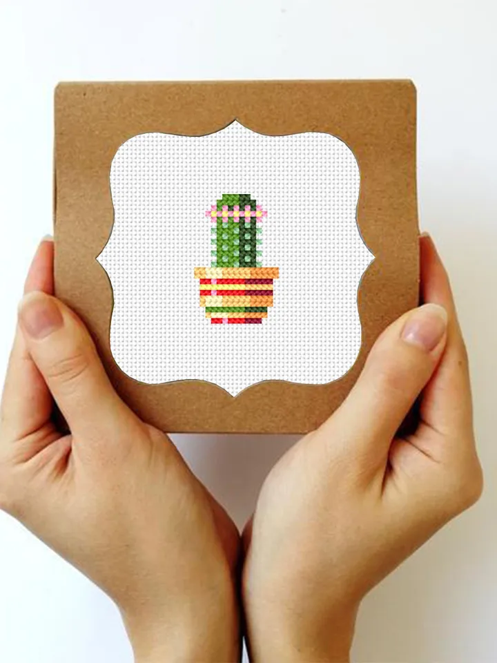 Blooming cactus plant cross stitch pattern PDF download, Simple mini cross stitch chart, House plant cross stitch, DIY Plant lover gift #P35