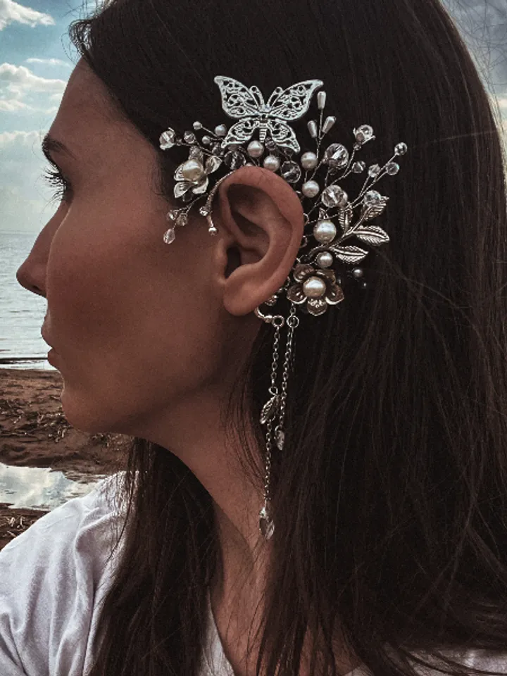 Ear cuff, Silver ear cuff,Butterfly earrings,Wedding ear cuff, Elven ear cuff, Bride earrings, Bride ear cuff, elf ear cuff, ear cuff no piercing