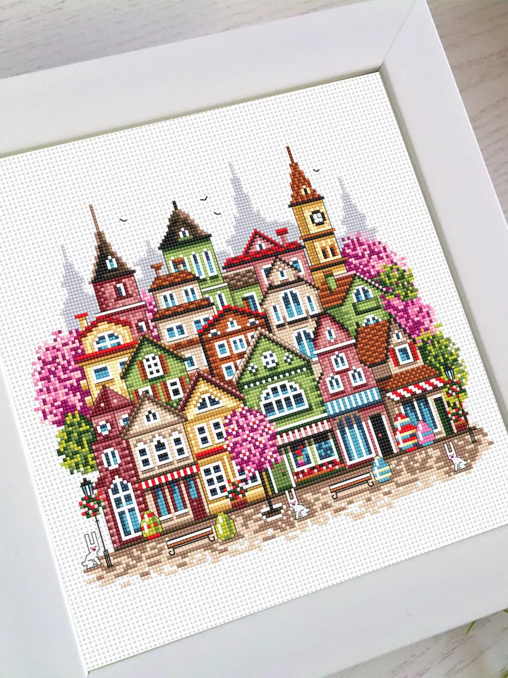 Spring houses cross stitch pattern PDF download Easter cross stitch, Spring city pattern digital, Urban landscape with cherry blossoms #E19