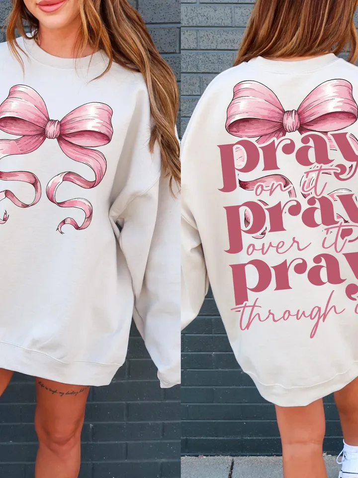Pray On It Coquette Bow Bundle Png, Pink Sublimation Designs, Christian PNG, Trendy Shirt Designs, Pink Coquette Sublimations Png