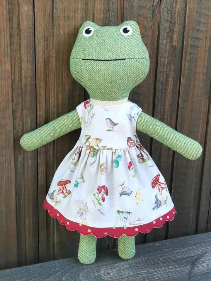 Green frog girl, handmade soft toad toy, textile stuffed doll, fabric frog