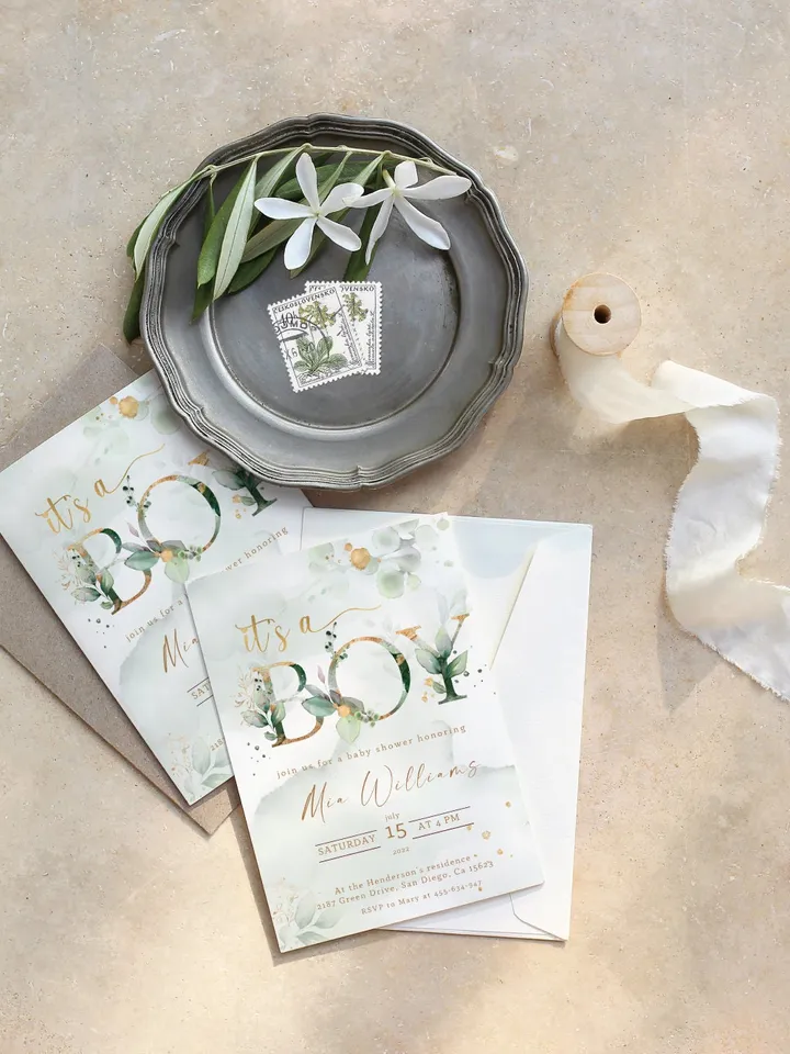 It's a Boy Baby Shower Invitation Template; Greenery Boy baby shower; Green Gold Leaves Baby Boy Invite; Botanical Eucalyptus Baby Shower