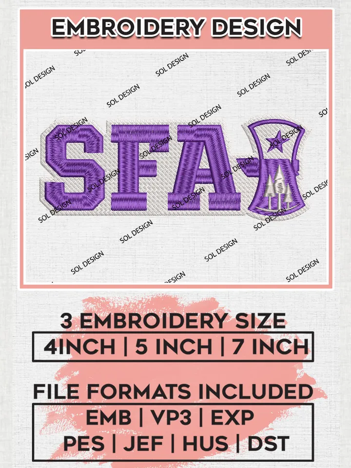 NCAA SFA Team Logo Embroidery Design Files, NCAA Stephen F Austin Lumberjacks Machine Embroidery, NCAA Teams, Game Day, 3 sizes, NCAA Machine embroidery designs, Digital Download