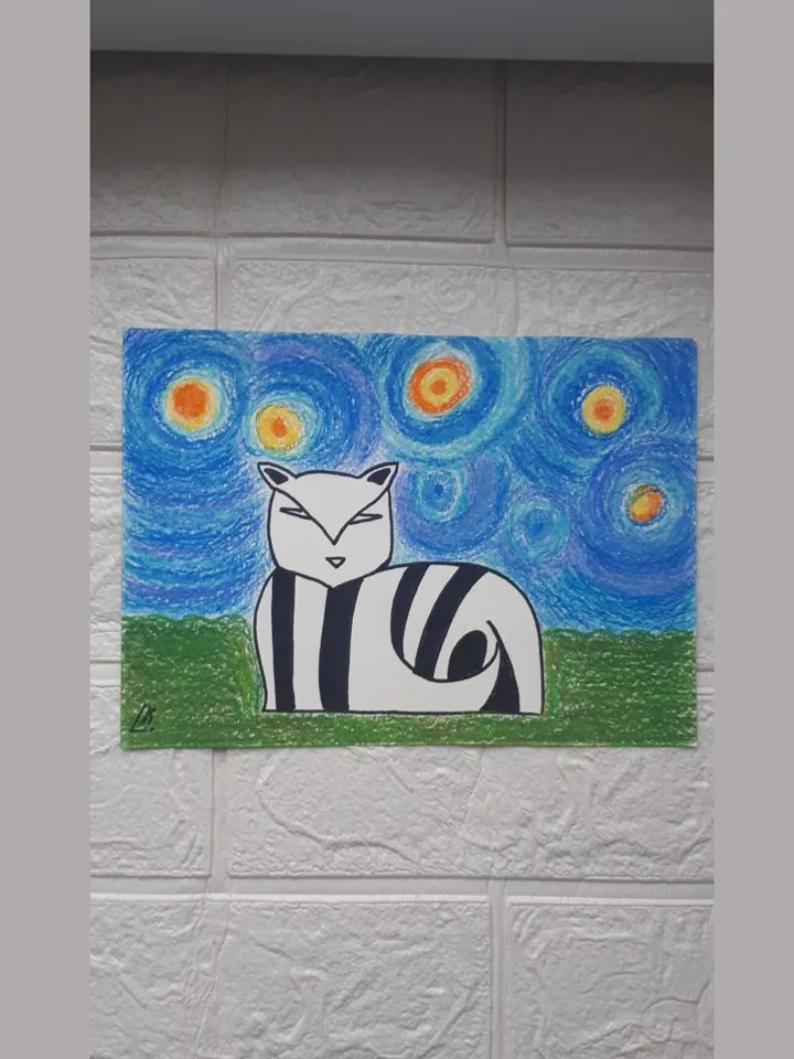 Cat Gogh Starry Night Oil Pastel Art, Abstract Artwork, Outsider Drawing