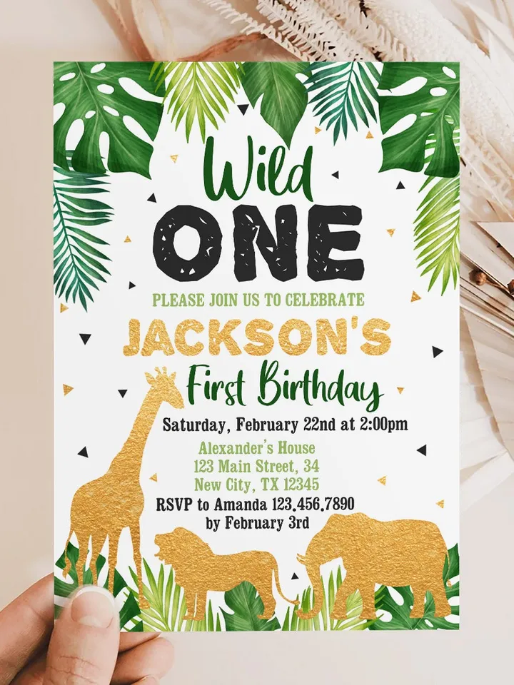 Safari Gold Birthday invitation, EDITABLE Jungle wild one Invitations, Boy 1st Birthday Invites Instant download Printable template