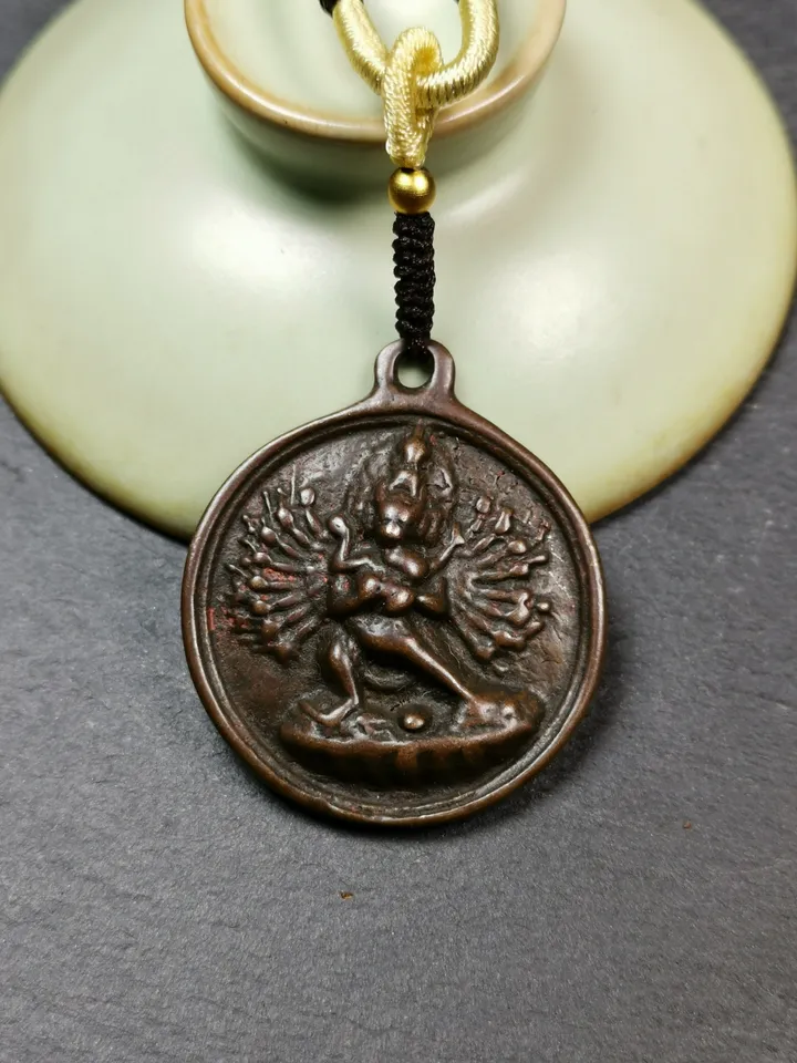 Gandhanra Antique Tibetan Thokcha Amulet,Chakrasamvara with Vajravarahi Badge, Buddhist Protector Deity Pendant,1.3"