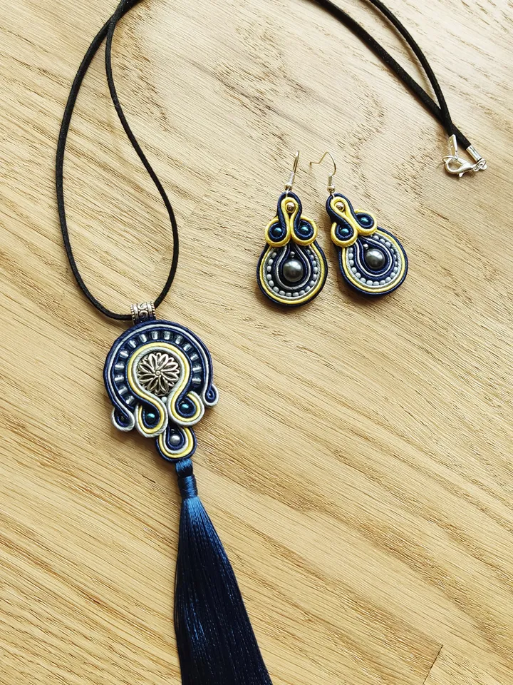 Blue tassel necklace and earrings, Boho Necklace, Soutache jewelry set, Ethnic necklace, Mandala