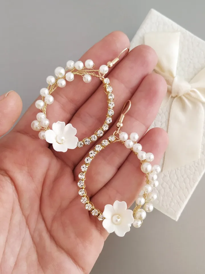 White Rose Earrings, Flower Hoop Earrings, Gold Bridal Earrings, White Floral Earrings, Wedding Earrings, Statement Wedding Earrings Jewelry
