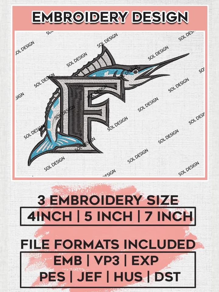 Miami Marlins MLB Logo Embroidery Files, MLB Miami Marlins Team Embroidery, MLB Teams, 3 sizes, MLB Machine embroidery designs, Digital Download