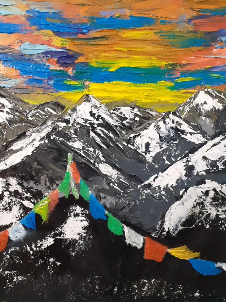 Oil Painting Himalayas Sunset in the Mountains Mountain Landscape Nature Travel Tourism Cardboard 12 x12 inches 30x30 cm Wall Decor 3D Image