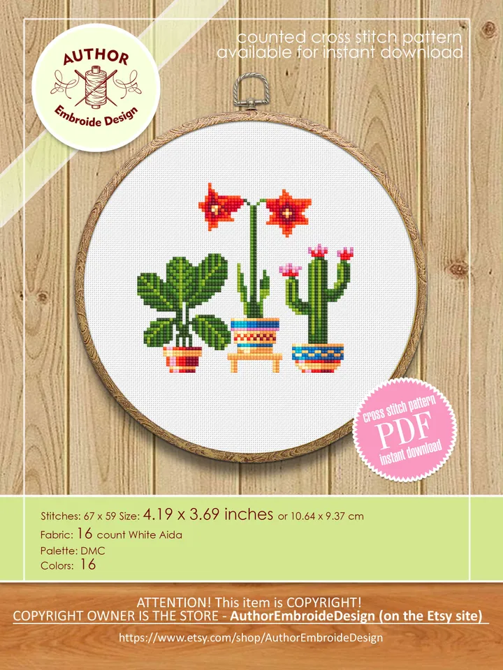 Potted house plants cross stitch pattern PDF download Floral cross stitch chart, Easy small cross stitch sampler, Plant lover gift #P17
