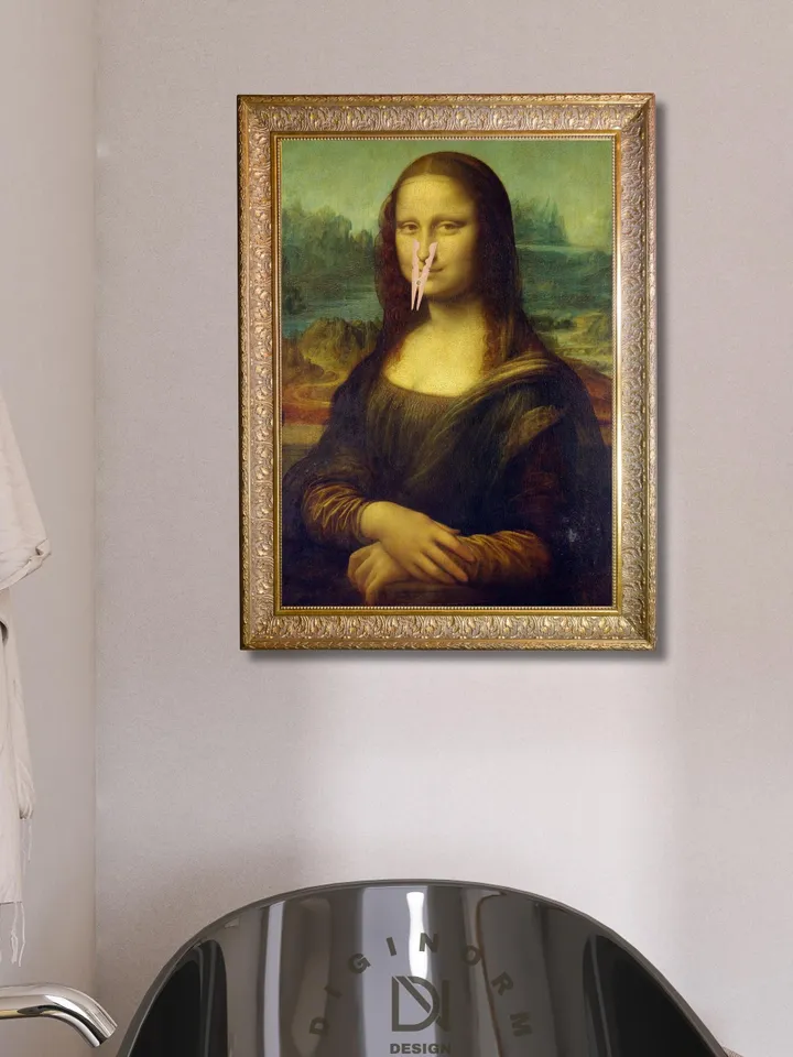 Funny Bathroom Altered Art, surreal Mona Lisa, Eclectic extra large wall art, Maximalist art vintage print, Prank Gift, funny bathroom signs
