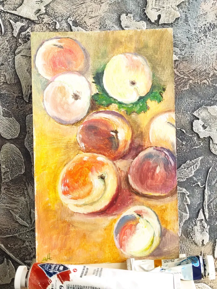 ripe peaches miniature painting oil fruits