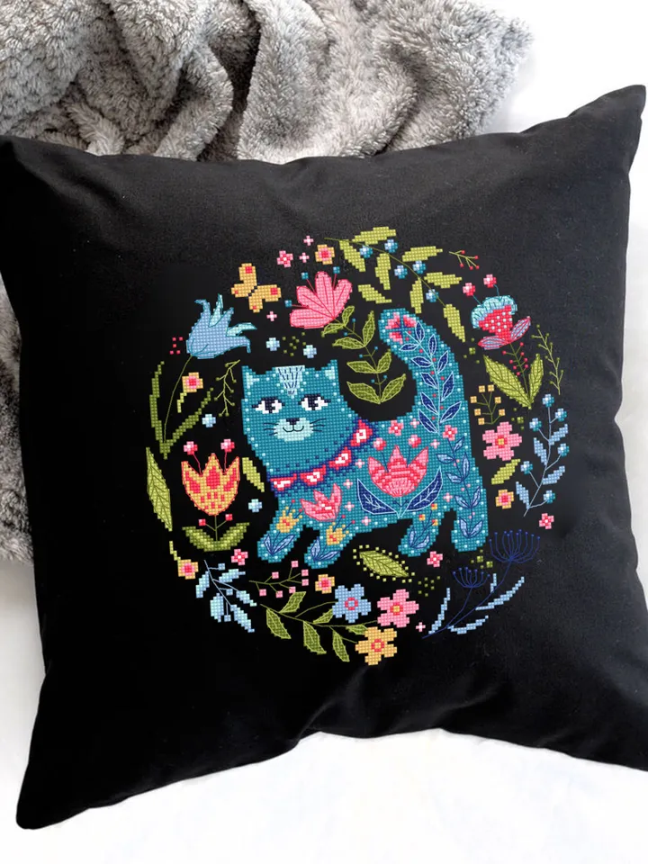 Floral cat cross stitch pattern PDF download Scandinavian folk cross stitch chart, Nordic cross stitch Scandinavian ornament embroidery #K20