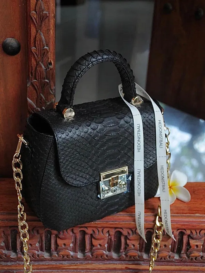 Genuine python top handle bag / designer bag / exotic leather bag / black purse exotic leather / snake print designer classy purse