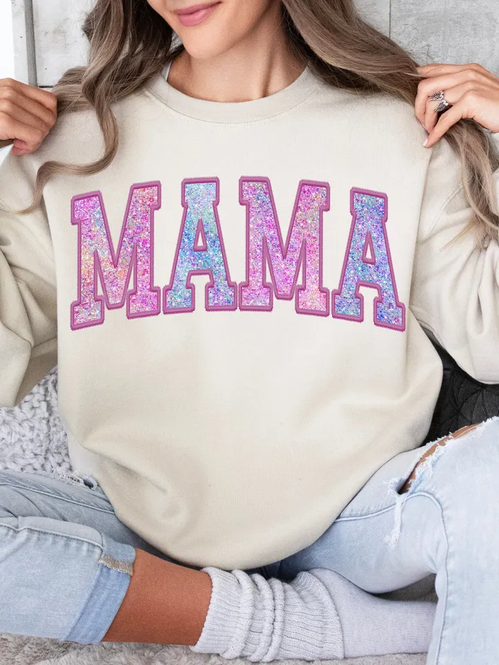 Mama Png Faux Glitter Sparkle Sublimation Design Digital Downloads for Mothers Day Varsity Letters Transfers Graphic Tshirt Top Sellers