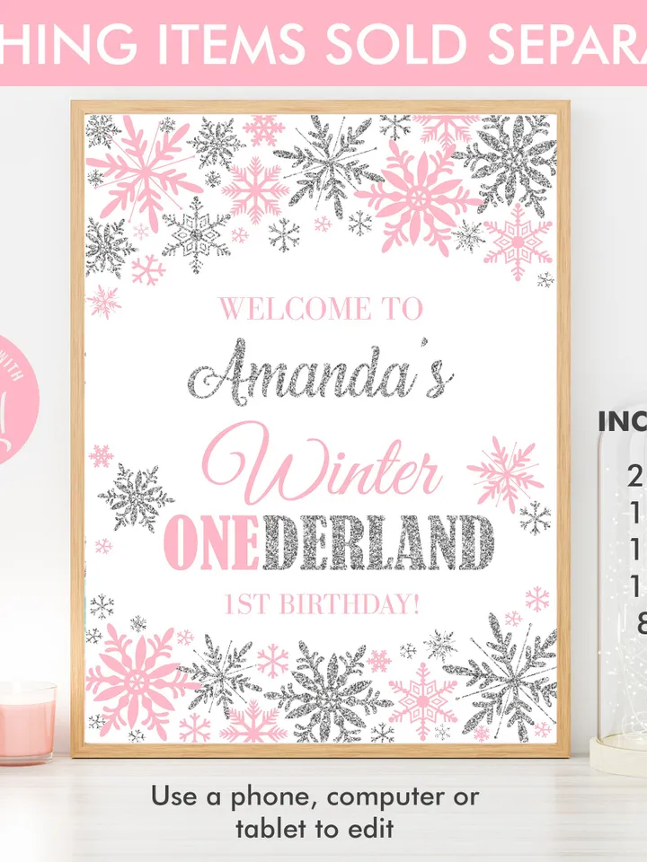 Winter Onederland Birthday Cupcake Toppers, Winter Onederland Birthday Girl Decorations, Snowflakes Cake Toppers, 1st Birthday Template