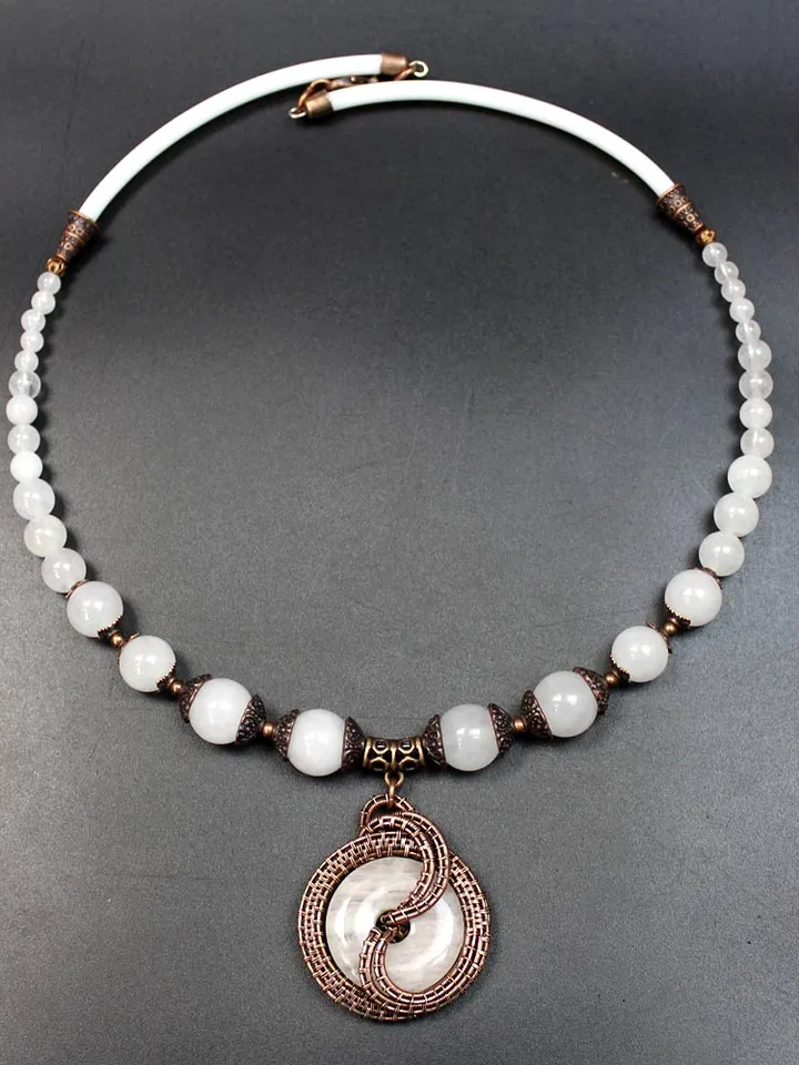 Copper Wire Wrapped Stone Donut Pendant Necklace.