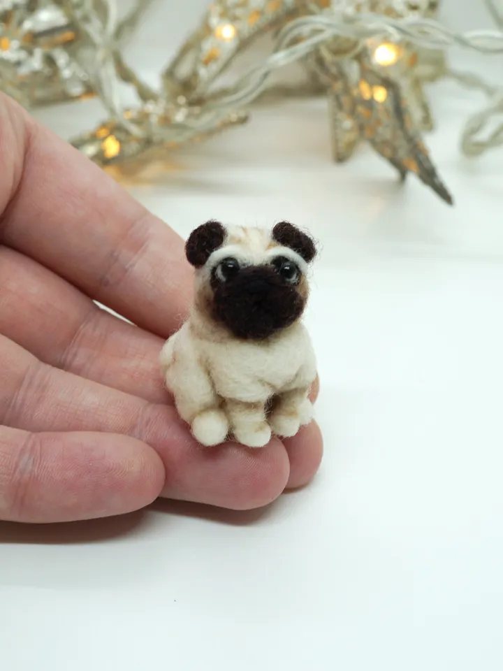Tiny needle felted pug, miniature felted pet, dog portrait, made to order