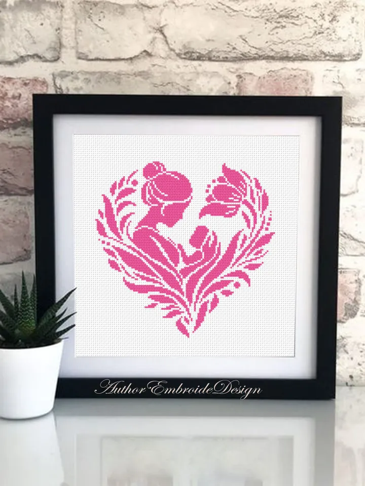 Mother baby silhouette cross stitch pattern PDF download Floral heart cross stitch chart, Heart mandala mother and child, Newborn gift #O12