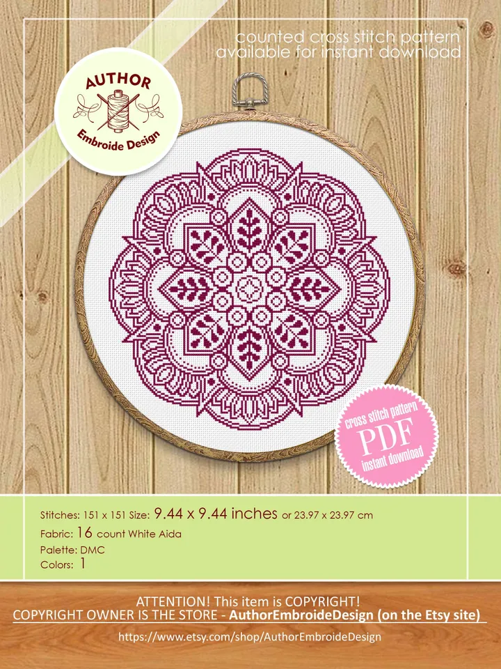 Flower mandala cross stitch pattern PDF download Mandala ornament cross stitch chart Monochrome mandala pattern digital PDF Home decor #M282
